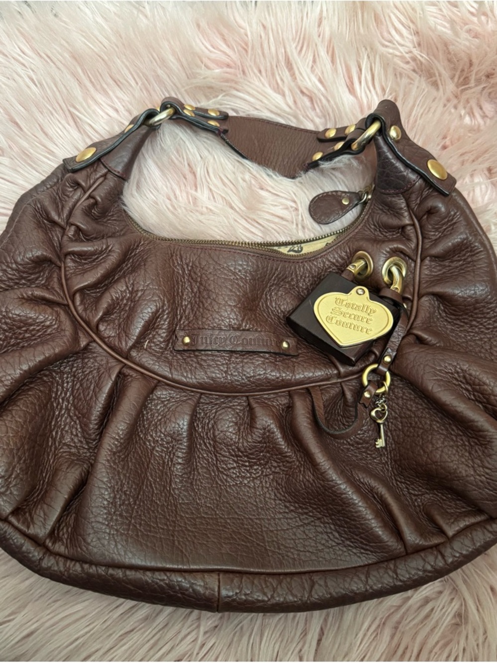 Juicy Couture Brown Pebbled Leather Hobo with Gold Heart Charm
